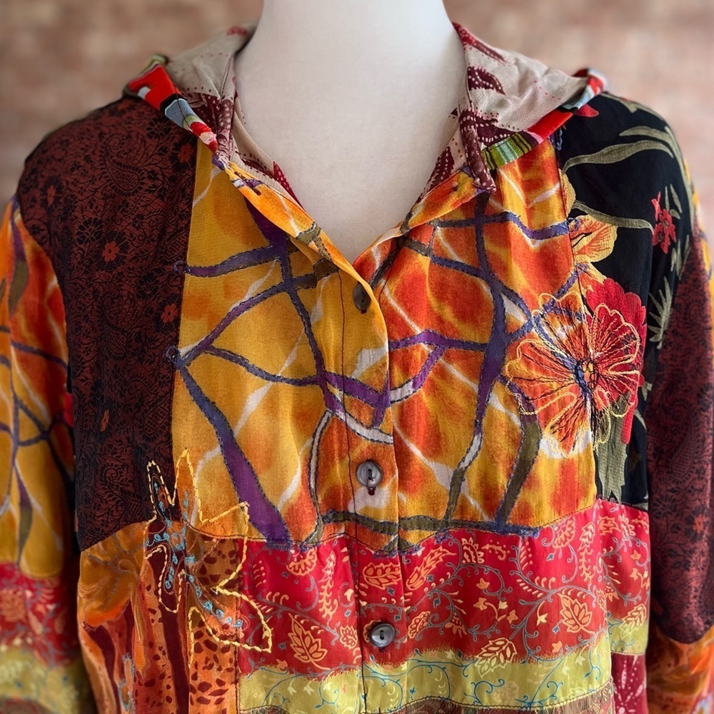 Chico’s Jacket Orange Multi Patchwork Hooded Embr… - image 3